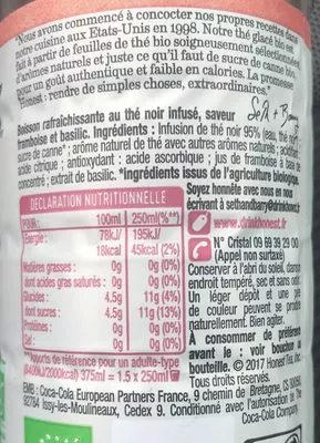 Lista de ingredientes del producto Thé glacé bio Honest, Coca-Cola Company 375ml