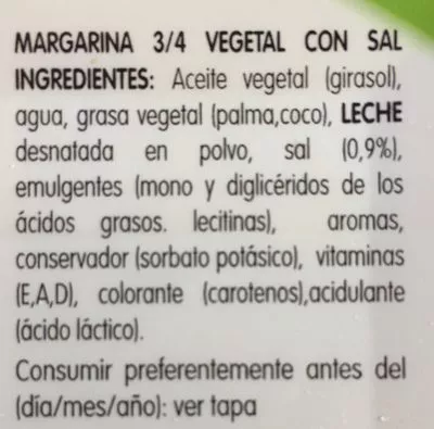 Lista de ingredientes del producto Margarina con sal  500 g