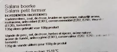 Lista de ingredientes del producto Salami petit fermier De Keyser 