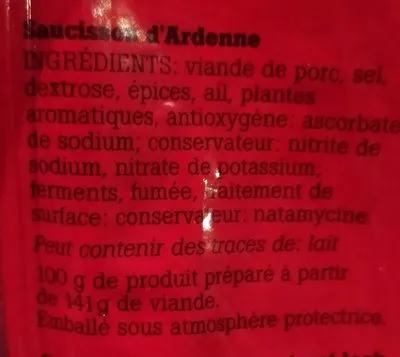 Lista de ingredientes del producto Saucisson d'Ardenne Marcassou 225g