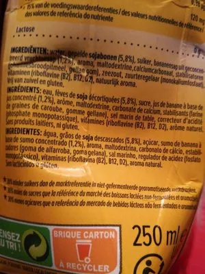 Lista de ingredientes del producto Lait de soja à la banane Alpro 