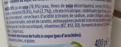 Lista de ingredientes del producto Yaourt de soja à la cerise Alpro 400g ℮