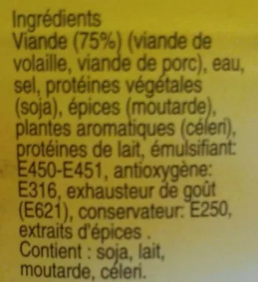 Lista de ingredientes del producto Saucisses de Strasbourg Ovi 400 g (180 g)