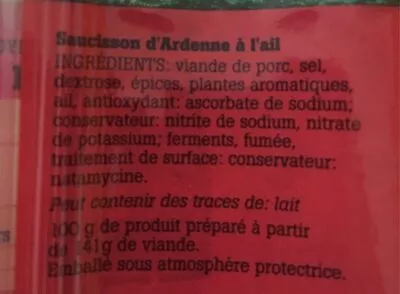 Lista de ingredientes del producto Saucisson d'Ardenne  270 g