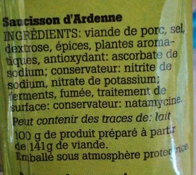 Lista de ingredientes del producto Saucisson d'ardennes  270 g