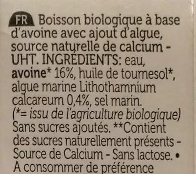 Lista de ingredientes del producto Avoine calcium Lima 1 L