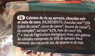 Lista de ingredientes del producto GALETTES SARRASIN CHOCOLAT NOIR COCO X8 SG Lima 