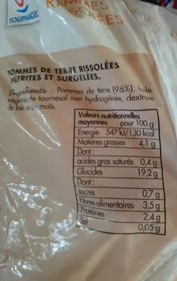 Lista de ingredientes del producto Pomme de terre rissolées prefrites Toupargel 