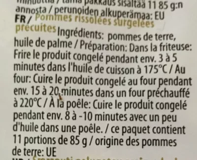 Lista de ingredientes del producto Pommes rissolées Marquise 1 kg