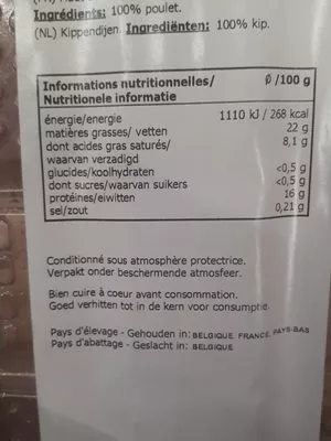 Lista de ingredientes del producto Hauts de cuisses de poulet déjointées  