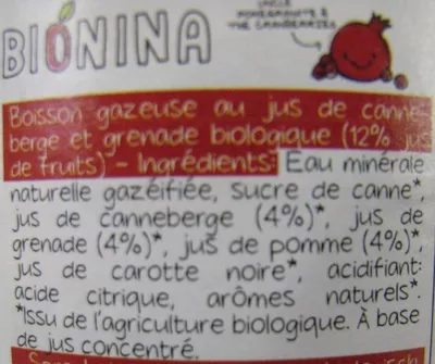 Lista de ingredientes del producto Uncle Pomegranate & Cranberries Bio Bionina Bionina 330 ml