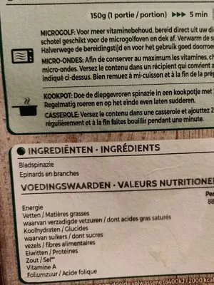 Lista de ingredientes del producto Epinards En Branches Iglo 