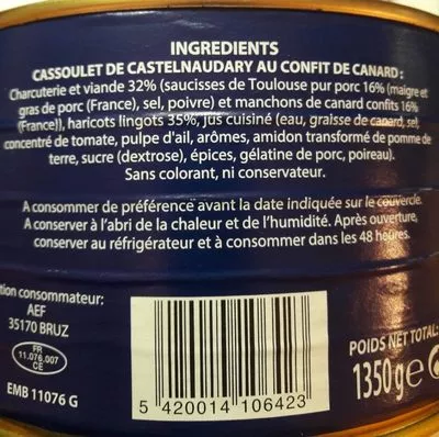 Lista de ingredientes del producto Cassoulet de castelnaudary LE DOMAINE DU LAC 1350 g