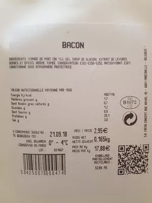 Lista de ingredientes del producto Bacon frais tranché pour vous match 0.165 kg