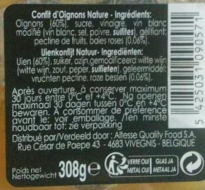 Lista de ingredientes del producto Confit d'oignons nature Altesse 308 g