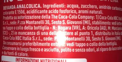 Lista de ingredientes del producto Bottiglia dIGPlastica Coca-Cola 