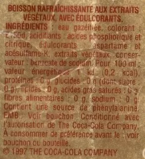 Lista de ingredientes del producto Coca-Cola Light - sans caféine, sans sucre Coca-Cola 1,5 L