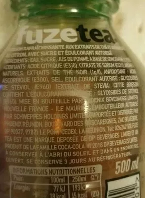 Lista de ingredientes del producto Fuze Tea Lemon Flavour Bottle Ice Tea 