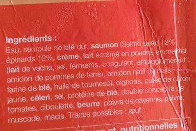 Lista de ingredientes del producto Lasagne au saumon et Épinards surgelé Cookup Solutions 400 g