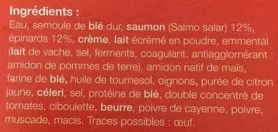 Lista de ingredientes del producto Lasagne au saumon et epinards surgelé Marque Repère 400 g