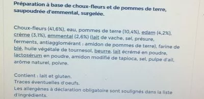 Lista de ingredientes del producto Gratin de choux-fleurs et pomme de terre Toupargel 