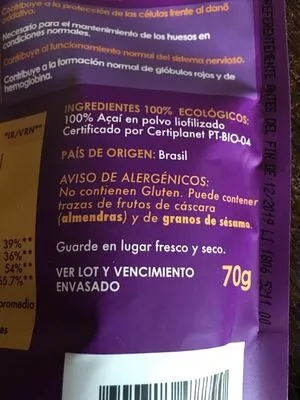 Lista de ingredientes del producto Açai en polvo Iswari 