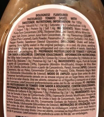 Lista de ingredientes del producto Sauce Bolognese Zero Prozis 