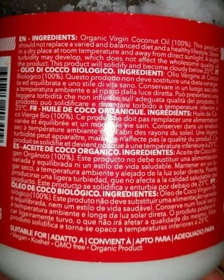 Lista de ingredientes del producto 100% Organic coconut oil prozis 