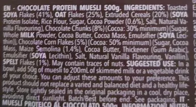 Lista de ingredientes del producto Chocolate protein muesli Prozis 