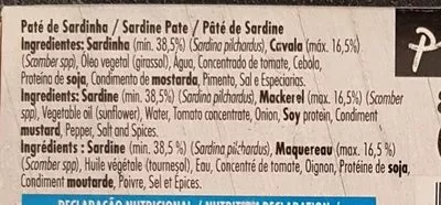 Lista de ingredientes del producto Paté de sardine Pingo Doce 