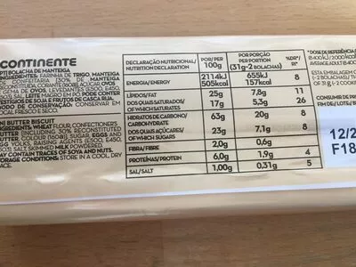 Lista de ingredientes del producto Palets bretons Continente 125 g