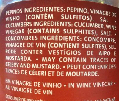 Lista de ingredientes del producto Pepinos Em Vinagre De Vinho Ferbar  