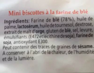 Lista de ingredientes del producto Mini biscottes a la farine de ble  