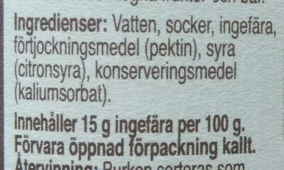 Lista de ingredientes del producto Ingefära marmelad Den Gamle Fabrik 380 g