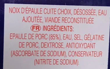 Lista de ingredientes del producto Noix d'épaule cuite choix Déssossée Royal Dane 454 g