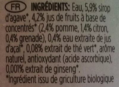 Lista de ingredientes del producto Green Tea Pomegranate Acai Ginseng Agave Little Miracles 330 mL