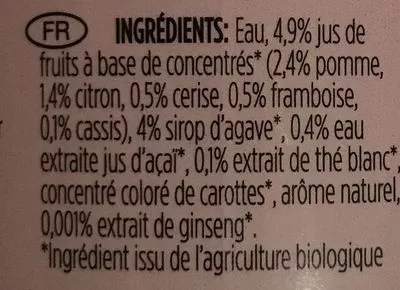 Lista de ingredientes del producto Thé blanc cerise- acai- ginseng- agave Little Miracles 330 ml e