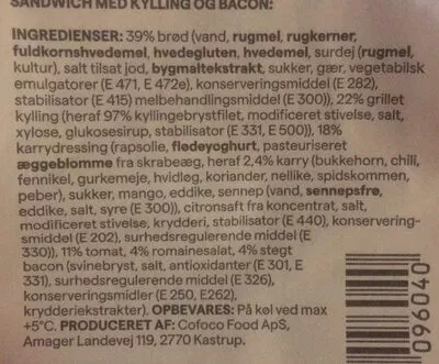 Lista de ingredientes del producto Sandwich Kylling, bacon & karrymayo  220 g