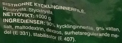 Lista de ingredientes del producto Bistronne Kycklinginnerfilé BistronneNetto Marknad Sverige 1000 g