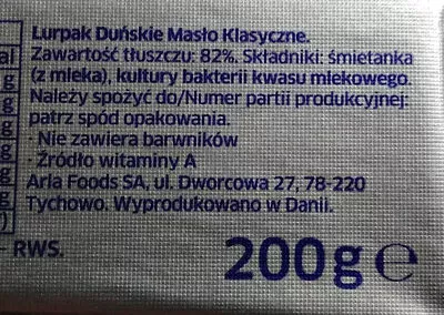 Lista de ingredientes del producto Duńskie masło Lurpark 200 g