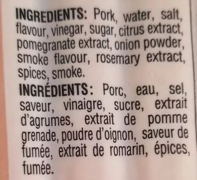 Lista de ingredientes del producto Saucisses fumées non traitées Olymel 450 g