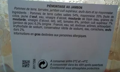 Lista de ingredientes del producto Piémontaise au jambon  