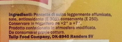 Lista de ingredientes del producto Pancetta leggermente affumicata a cubetti Tulip, Tulip Food Company P/S Tulipvej 1 8940 Randers SV Denmark 200 g 2 x 100 g