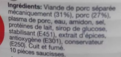 Lista de ingredientes del producto Saucisses Hot Dog Tulip 415 g (250 g égoutté)