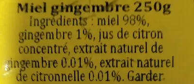 Lista de ingredientes del producto Miel gingembre Jacobsens 250 g