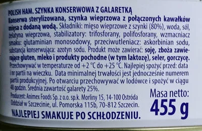 Lista de ingredientes del producto Szynka konserwowa z galaretką Morliny, Animex Foods 455 g