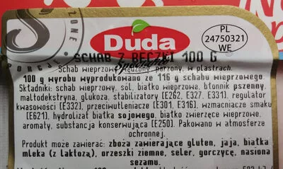 Lista de ingredientes del producto Schab z beczki Duda 100 g