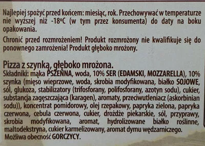 Lista de ingredientes del producto Pizza z szynką, głęboko mrożona. Rigga, Dr.Oetker 250 g