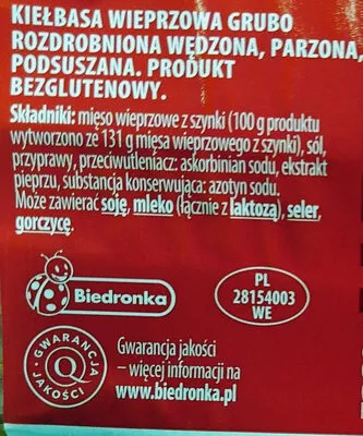 Lista de ingredientes del producto Kiełbasa żywiecka z szynki. Kraina wędlin, Animex Foods 100 g