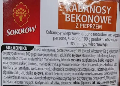 Lista de ingredientes del producto Kabanosy bekonowe z pieprzem Sokołów 120 g